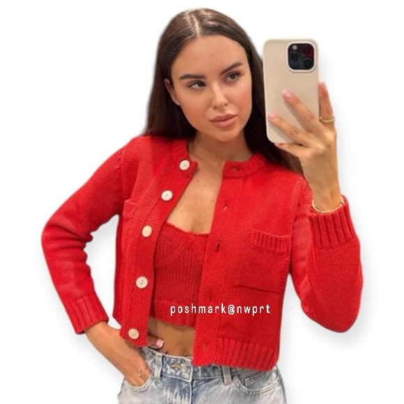 [SET] ZARA 🍓 Knit Cardigan Sweater Cami Tank Top Red XS S - Picture 2 of 16